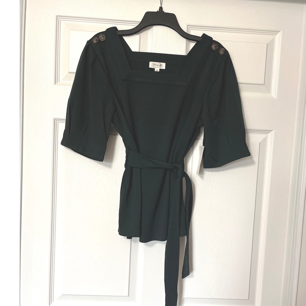 Tulip B Forest Green Square Neck‎ Tie Waist Blouse with Shoulder Buttons  size L